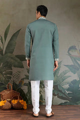 Pastel Pista Viscose Silk Embroidered Kurta for Men
