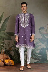 Pastel Purple Embroidered Viscose Silk Kurta Set
