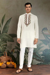 Wedding Special White Mirror Work Kurta with Dupatta for Men