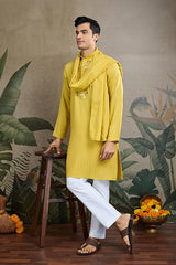 Stylish Look Perfect Haldi Yellow Color Men's Kurta with Dupatta