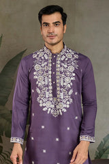 Pastel Purple Embroidered Viscose Silk Kurta Set