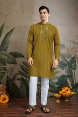 Silk Party Wear Rust Yellow Jari Work Kurta & Dupatta for Men's
