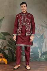 Wedding Special Maroon Kurta Pajama with Open Koti for Men