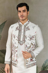 Wedding Special White Jacket Style Kurta Pajama Full Set