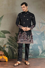 Classic Black Kurta Pajama for Men with Rich Embroidery