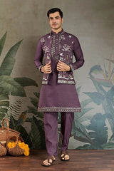 Rust Purple Open Koti Style Kurta Pajama Set for Men