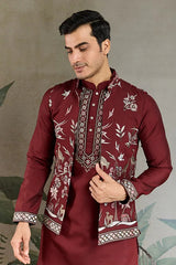 Wedding Special Maroon Kurta Pajama with Open Koti for Men