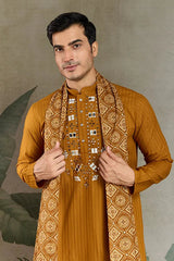 Wedding Special Mustard Mirror Kurta Set with Dupatta for Men