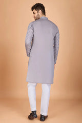 Designer Grey Viscose Silk Men's Kurta – Elegant Wedding Attire
