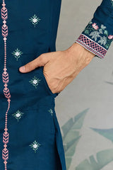 Teal Blue Embroidered Fancy Kurta for Men