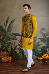 Latest Yellow Silk Kurta with Swarovski Koti Jacket for Men’s