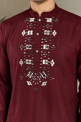 Traditional Maroon Mirror Embroidered Kurta with Dupatta
