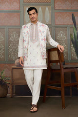 Ethnic White Embroidered Koti Kurta Set for Men⭐⭐⭐⭐⭐
