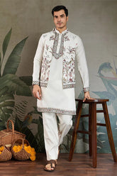 Wedding Special White Jacket Style Kurta Pajama Full Set