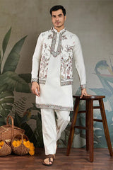Wedding Special White Jacket Style Kurta Pajama Full Set