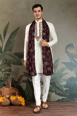 Wedding Special White Mirror Work Kurta with Dupatta for Men