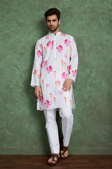 Buy Ethnic Style White & Pink Designer Kurta for Men
