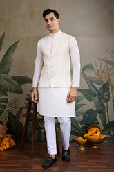 White Roman Silk Kurta with Jacquard Koti Jacket