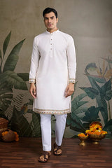 Designer White Cotton Kurta with Embroidered Koti