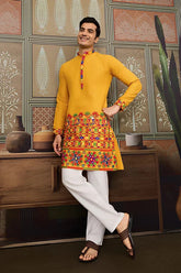 Classic Yellow Cotton Mens Ready to Wear Kurta for Navratri