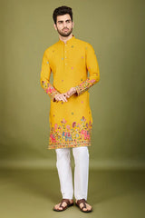 Yellow Embroidered Haldi Kurta for Men