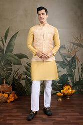 Yellow Roman Silk Kurta with Jacquard Koti Elegant Ethnic Wear