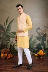 Yellow Roman Silk Kurta with Jacquard Koti Elegant Ethnic Wear