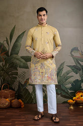 Yellow Viscose Silk Mens kurta for haldi ceremony