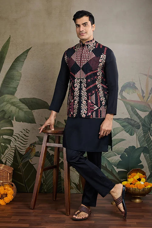 Beautiful Black Viscose Silk Kurta Koti Set