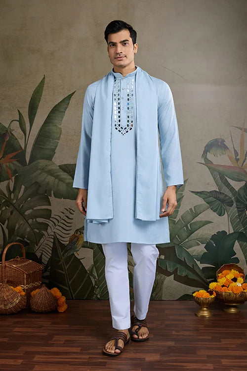 Sky Blue Designer Men's Kurta with Real Mirror Work