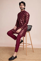 Elegant Maroon Color Silk Kurta with Heavy Thread & Hand Work