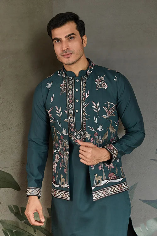 Traditional Green Kurta Pajama with Stylish Open Jacket