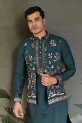 Traditional Green Kurta Pajama with Stylish Open Jacket