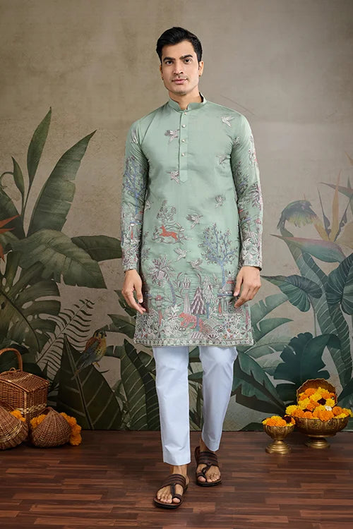 Premium Pista Green Viscose Silk party wear kurta for men