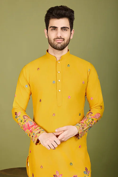Yellow Embroidered Haldi Kurta for Men