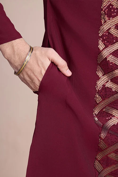 Traditional Embroidered Maroon Silk Kurta for Men