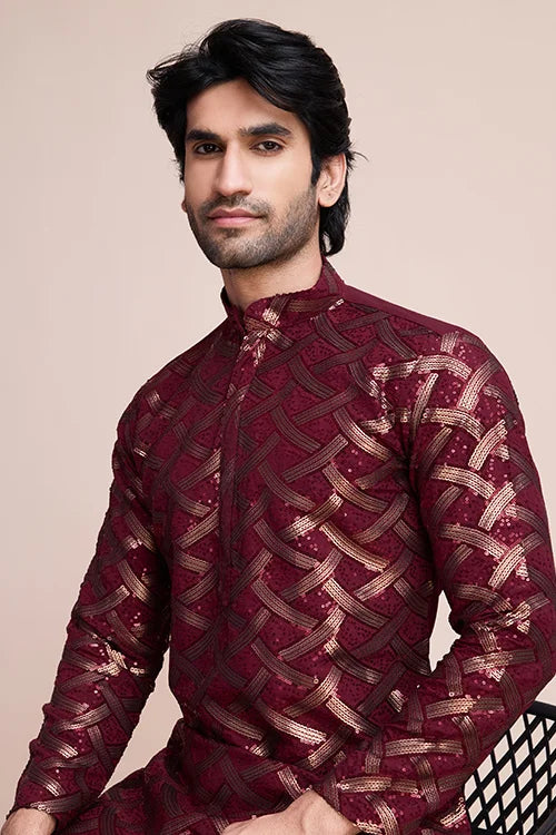 Elegant Maroon Color Silk Kurta with Heavy Thread & Hand Work
