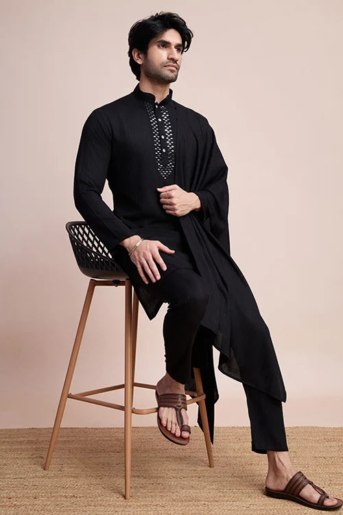 Black Designer Kurta Set with Mirror Work for Men
