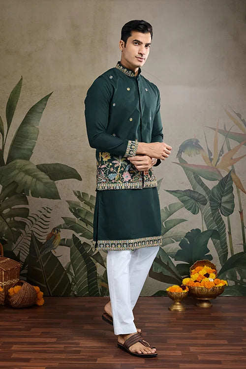 Stylish Green Men's Kurta Koti Set – Trendy & Elegant
