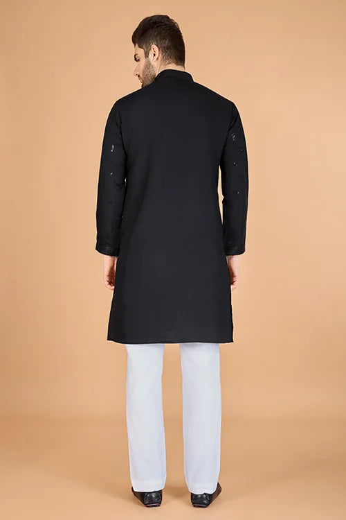 Stylish Black Kurta for Men with Thread Work Design