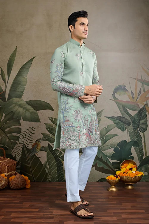 Premium Pista Green Viscose Silk party wear kurta for men