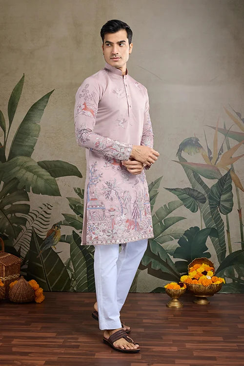 Designer Peach Viscose Silk fancy kurtas for men