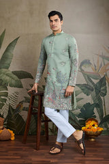 Premium Pista Green Viscose Silk party wear kurta for men