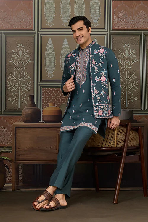 Premium Designer Rama Green Koti Kurta Pair for Men