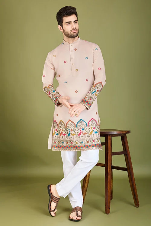 Designer Ivory Viscose Silk Men's Kurta Online