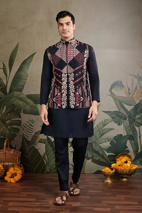 Beautiful Black Viscose Silk Kurta Koti Set