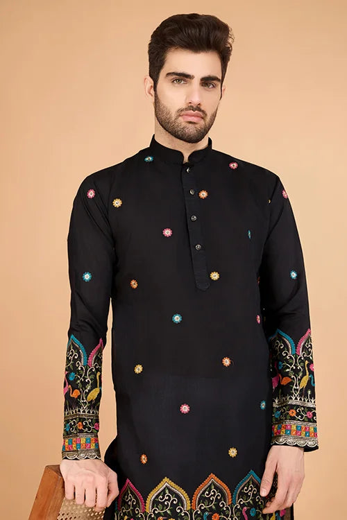 Black Viscose Silk Men's Designer Kurta Online