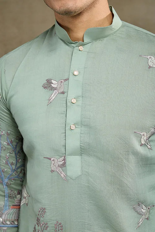 Premium Pista Green Viscose Silk party wear kurta for men