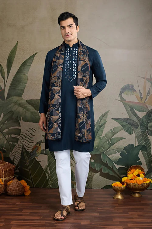 Teal Blue Viscose Rayon Kurta with Mirror Work