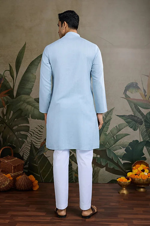 Sky Blue Designer Men's Kurta with Real Mirror Work